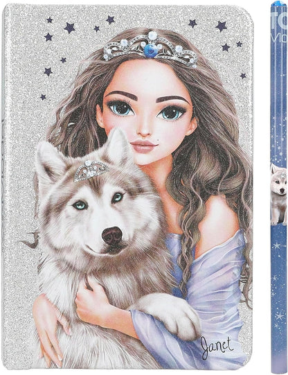 Depesche TOPModel Wolf 13176 Notebook in Glittering Silver and Blue with Wolf Motif, Stars and 160 Pages, Includes Pencil