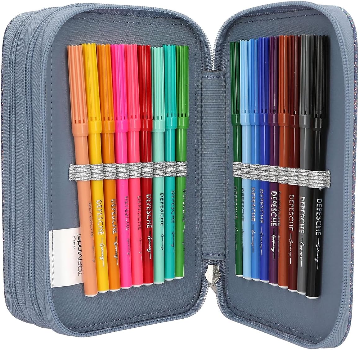 Depesche 13149 TOPModel Wolf Filled 3-Compartment Pencil Case Dark Blue with Pattern Star and Glitter Coloured Pencils Ruler, Scissors and Blue