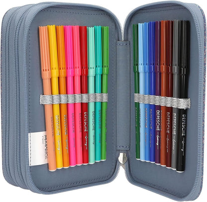 Depesche 13149 TOPModel Wolf Filled 3-Compartment Pencil Case Dark Blue with Pattern Star and Glitter Coloured Pencils Ruler, Scissors and Blue