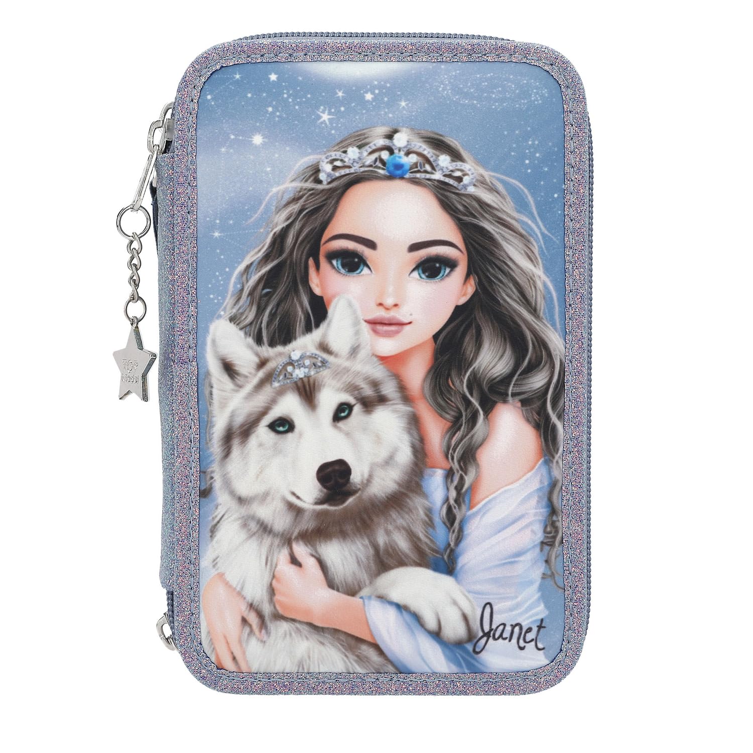 Depesche 13149 TOPModel Wolf Filled 3-Compartment Pencil Case Dark Blue with Pattern Star and Glitter Coloured Pencils Ruler, Scissors and Blue