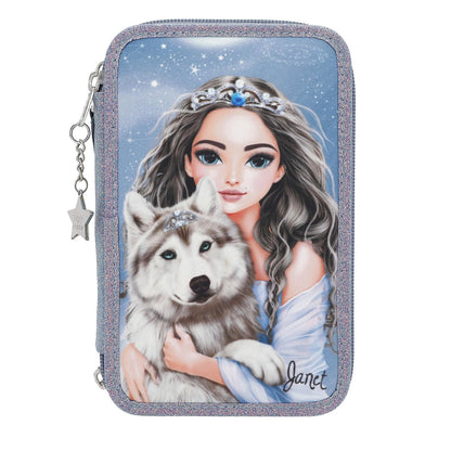 Depesche 13149 TOPModel Wolf Filled 3-Compartment Pencil Case Dark Blue with Pattern Star and Glitter Coloured Pencils Ruler, Scissors and Blue