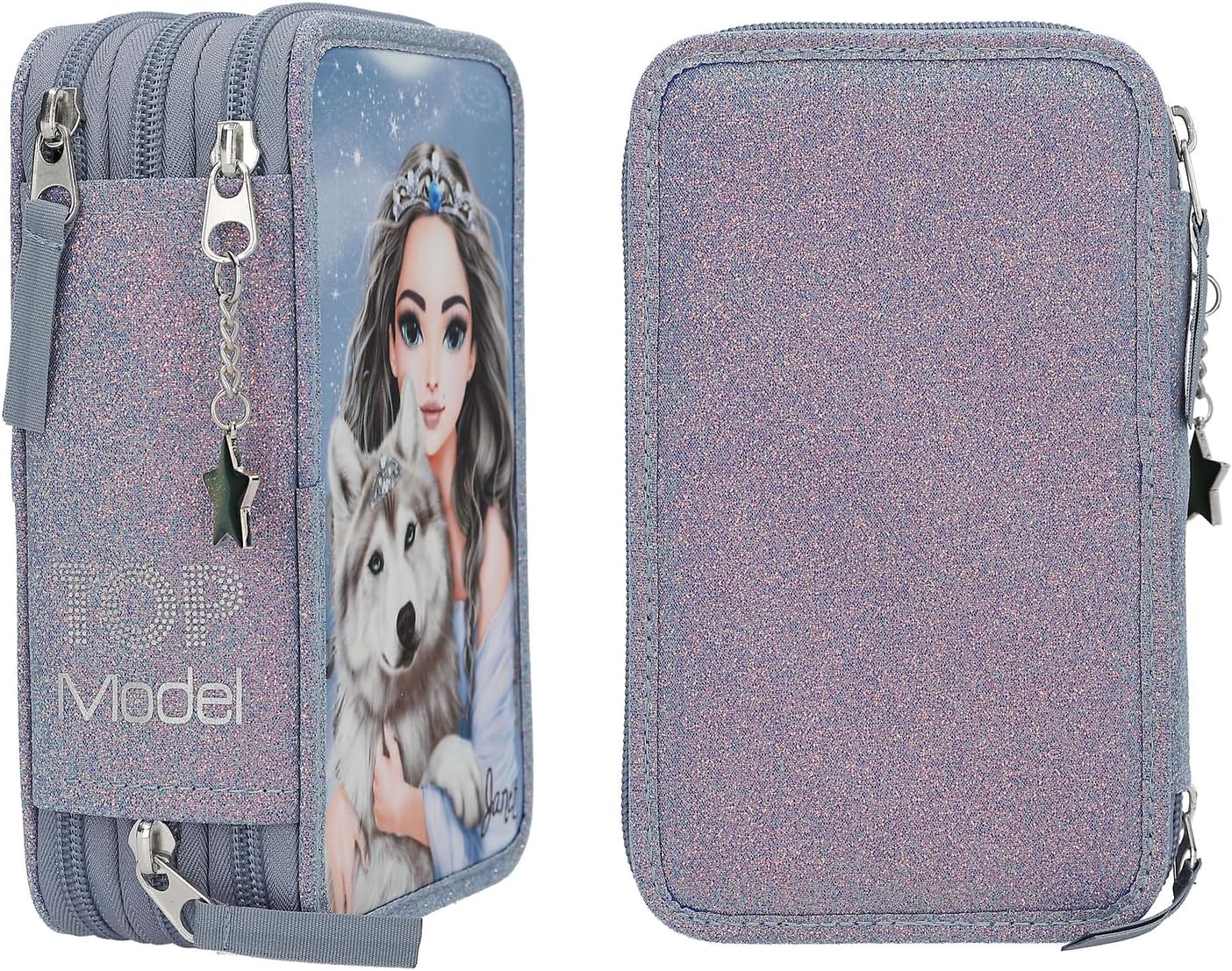 Depesche 13149 TOPModel Wolf Filled 3-Compartment Pencil Case Dark Blue with Pattern Star and Glitter Coloured Pencils Ruler, Scissors and Blue