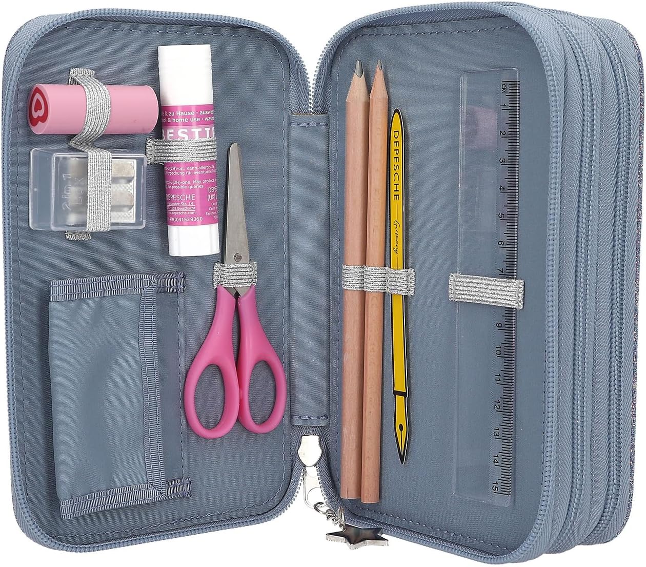 Depesche 13149 TOPModel Wolf Filled 3-Compartment Pencil Case Dark Blue with Pattern Star and Glitter Coloured Pencils Ruler, Scissors and Blue
