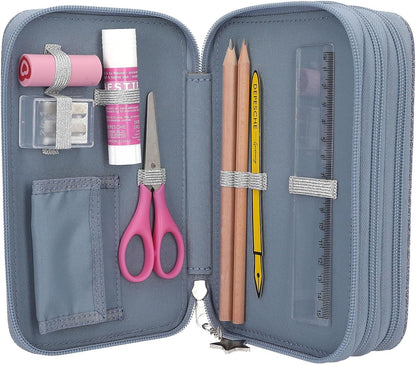 Depesche 13149 TOPModel Wolf Filled 3-Compartment Pencil Case Dark Blue with Pattern Star and Glitter Coloured Pencils Ruler, Scissors and Blue