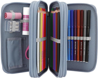 Depesche 13149 TOPModel Wolf Filled 3-Compartment Pencil Case Dark Blue with Pattern Star and Glitter Coloured Pencils Ruler, Scissors and Blue