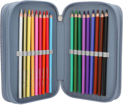 Depesche 13149 TOPModel Wolf Filled 3-Compartment Pencil Case Dark Blue with Pattern Star and Glitter Coloured Pencils Ruler, Scissors and Blue