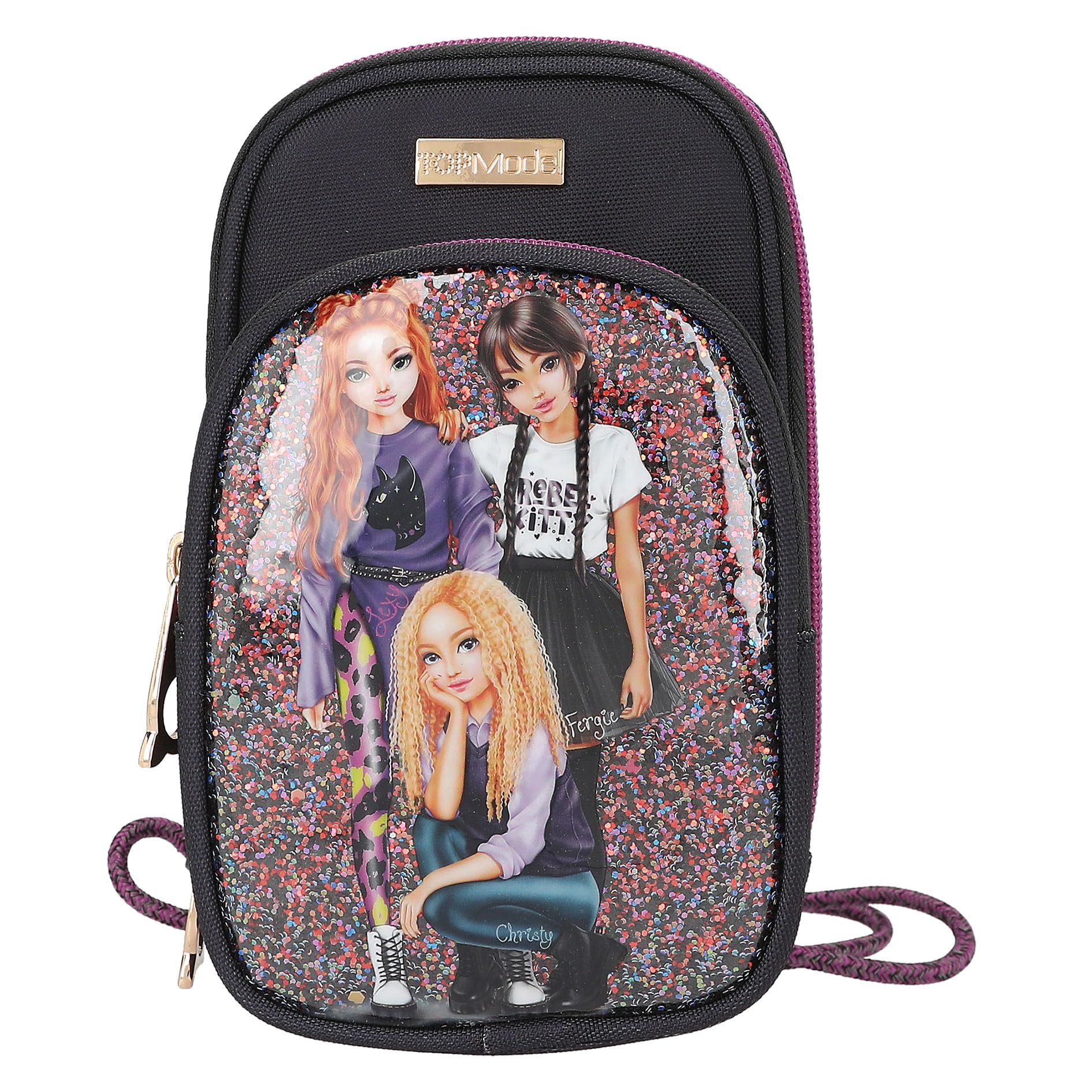 Depesche TOPModel Rebel Kitty 13022 Mobile Phone Case, Shoulder Strap, Black and Purple, Glitter Cat Design, Smartphone Pocket with Zip, Multicoloured