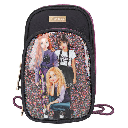 Depesche TOPModel Rebel Kitty 13022 Mobile Phone Case, Shoulder Strap, Black and Purple, Glitter Cat Design, Smartphone Pocket with Zip, Multicoloured