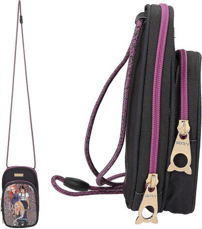 Depesche TOPModel Rebel Kitty 13022 Mobile Phone Case, Shoulder Strap, Black and Purple, Glitter Cat Design, Smartphone Pocket with Zip, Multicoloured