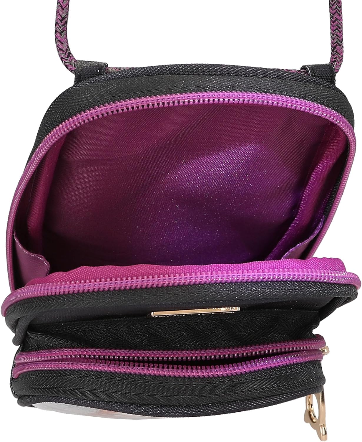 Depesche TOPModel Rebel Kitty 13022 Mobile Phone Case, Shoulder Strap, Black and Purple, Glitter Cat Design, Smartphone Pocket with Zip, Multicoloured