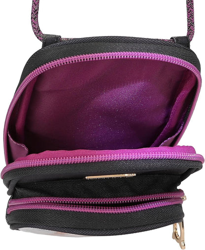 Depesche TOPModel Rebel Kitty 13022 Mobile Phone Case, Shoulder Strap, Black and Purple, Glitter Cat Design, Smartphone Pocket with Zip, Multicoloured