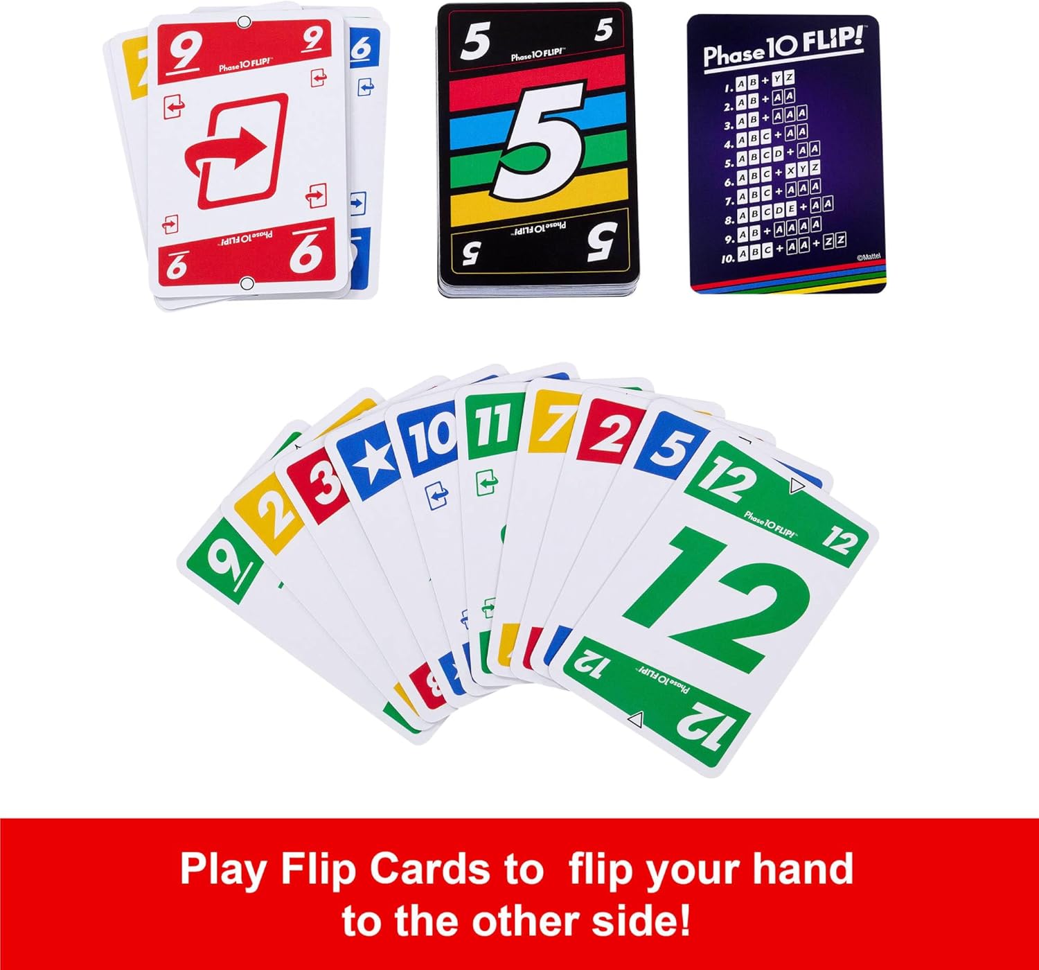 Mattel Uno Phase 10 Flip Jeu de cartes familial avec cartes double face, inclut des phases spéciales basées sur la couleur des cartes, pour 2 à 6 joueurs, HYN12