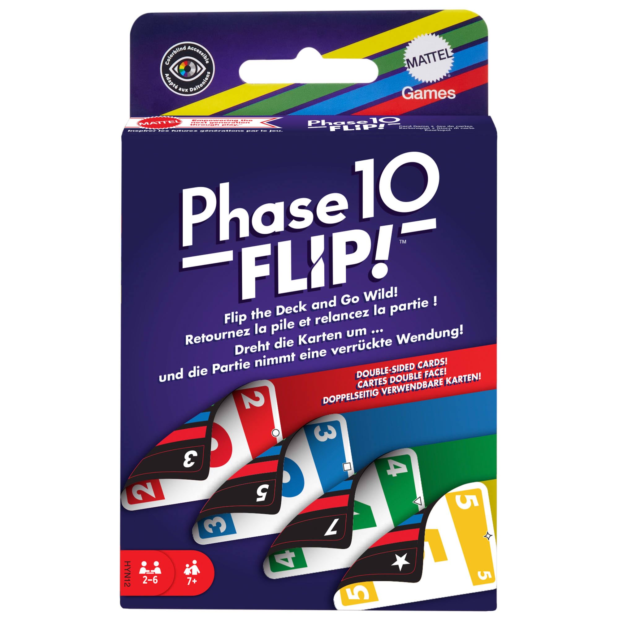 Mattel Uno Phase 10 Flip Jeu de cartes familial avec cartes double face, inclut des phases spéciales basées sur la couleur des cartes, pour 2 à 6 joueurs, HYN12