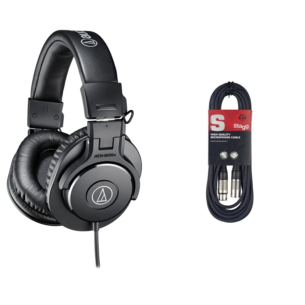 Audio-Technica M30x Professional Studio Headphones for studio recording, creators, podcasts and everyday listening & Stagg SMC6 6 metre standard microphone cable + Plug Microphone Cable