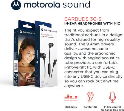 Motorola Sound Headphones with Cable Type C Earbuds 3C-S, High Definition Sound, Built-in Microphone, Ergonomic Design and Anti-interference Cable – Black