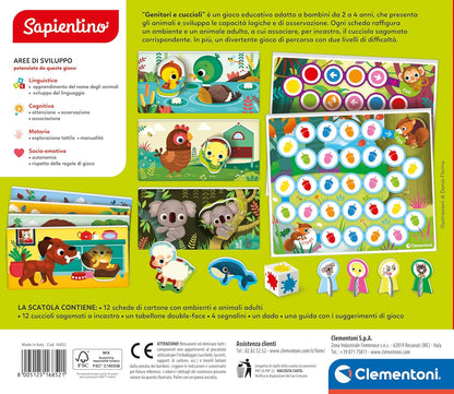 Clementoni - Sapientino Parents and Puppies 2 Years, Flashcard, Flashcards for Children, Montessori Game, Getting to Know the Animals, Shaped Cards, Italian, Made in Italy, 16852, Multi-Colour