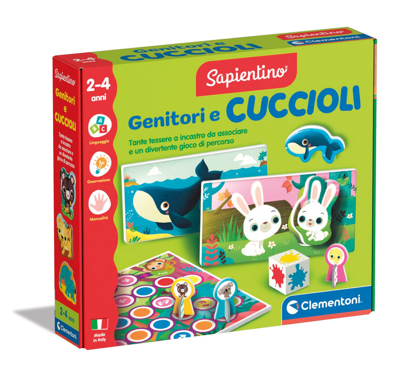 Clementoni - Sapientino Parents and Puppies 2 Years, Flashcard, Flashcards for Children, Montessori Game, Getting to Know the Animals, Shaped Cards, Italian, Made in Italy, 16852, Multi-Colour