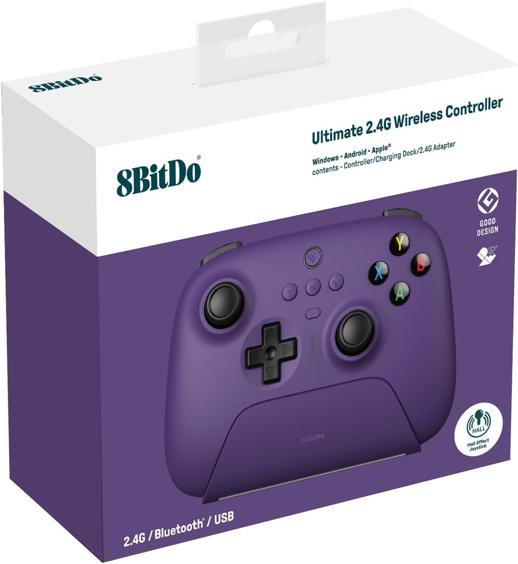 8Bitdo Ultimate 2.4G Wireless Controller, Hall Effect Joystick Update, Gaming Controller with Charging Dock for PC, Android, Steam Deck & Apple (Purple