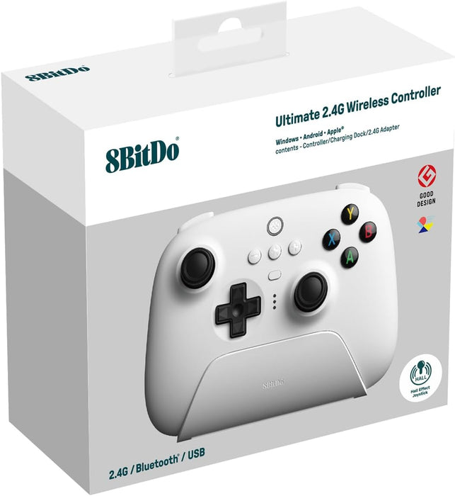 8Bitdo Ultimate 2.4G Wireless Controller, Hall Effect Joystick Update, Gaming Controller with Charging Dock for PC, Android, Steam Deck & Apple (White