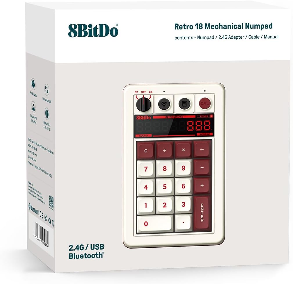 8BitDo Retro 18 Mechanical Numpad, Supports Calculator Mode, Bluetooth/2.4G/Wired Numpad for Windows and Android - Fami Edition