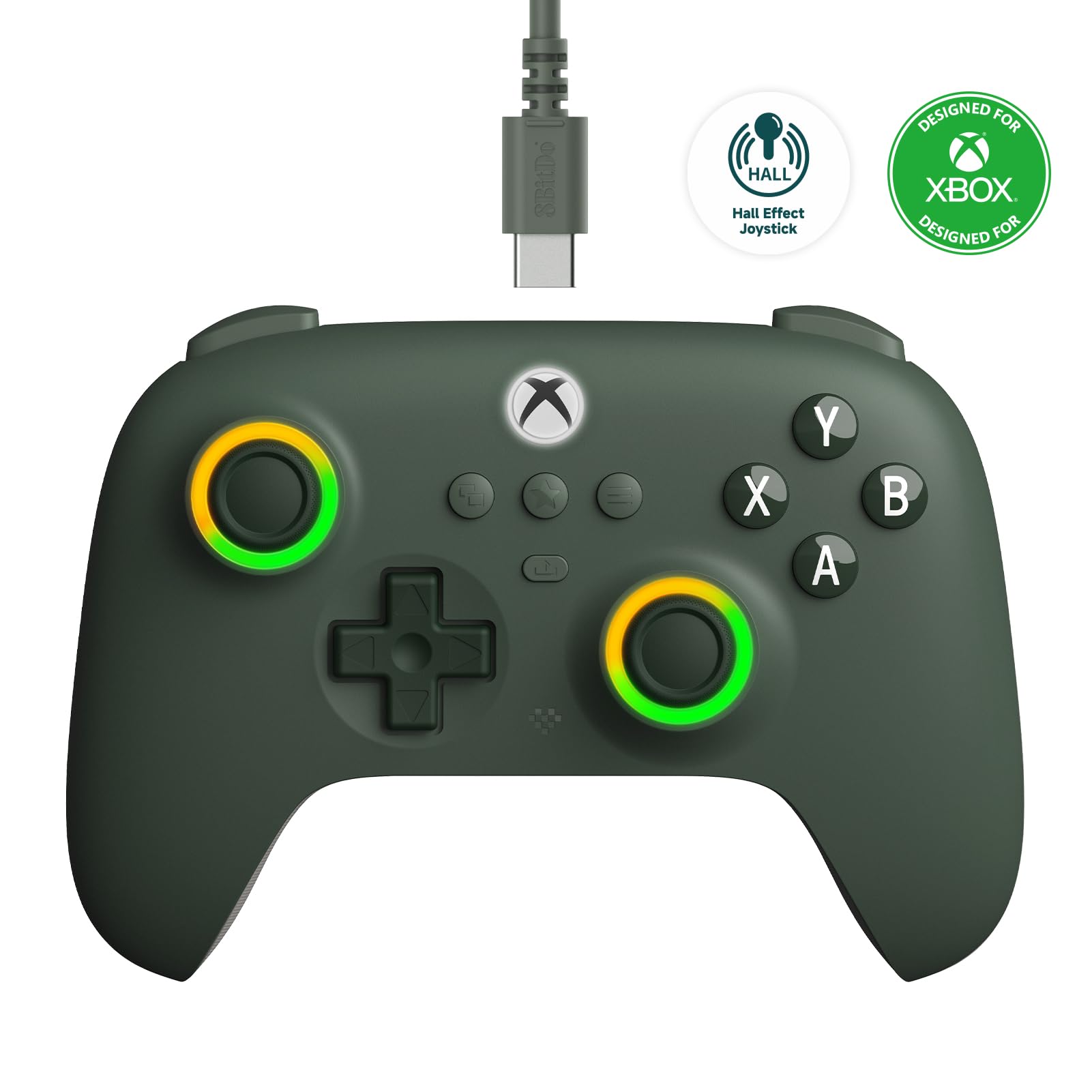 8Bitdo Ultimate C Wired Controller for Xbox, RGB Lighting Fire Ring and Hall Effect Joysticks, Compatible with Xbox Series X|S, Xbox One, Windows 10/11 - Officially Licensed (Dark Green