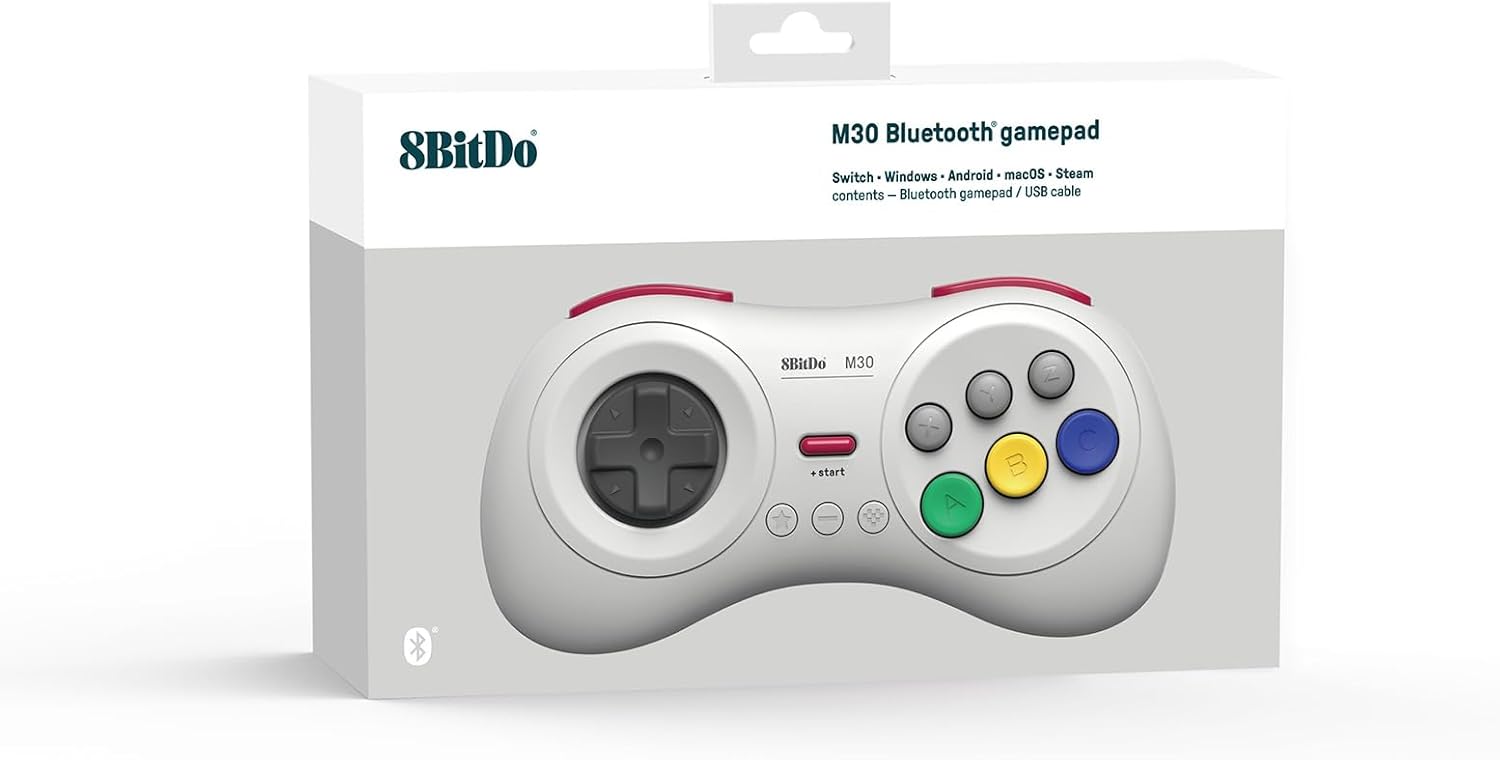 8Bitdo M30 Bluetooth Controller for Switch, Windows and Android, 6-Button Layout for SEGA’s Classic Games (White