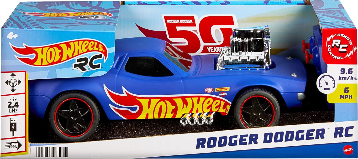 Hot Wheels Toy Car, 1:16 Scale RC Rodger Dodger Remote-Control Vehicle, Special 50th Anniversary Edition
