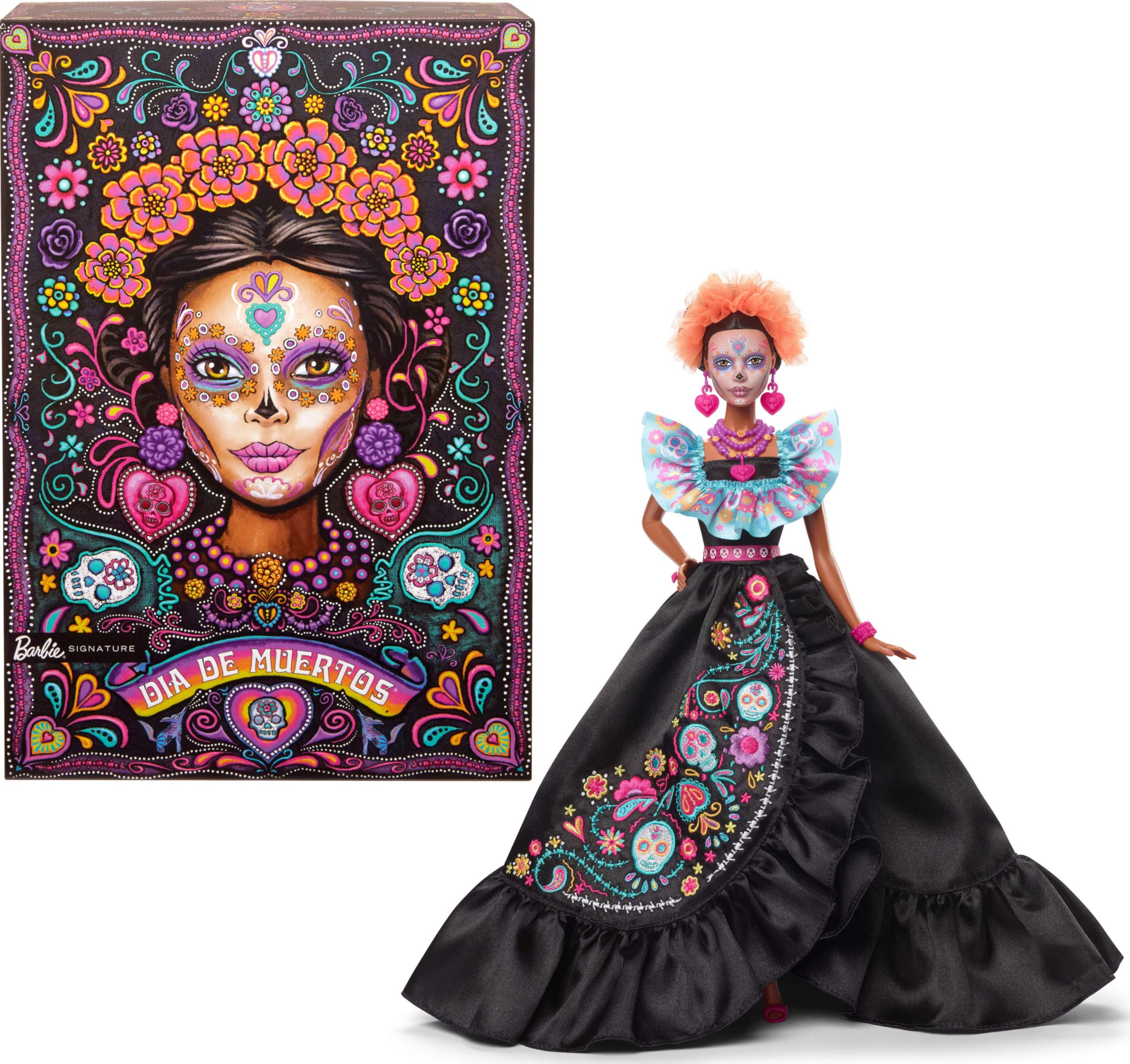 Barbie Signature, 2024 Día De Muertos Verzamelobject in Zwarte Jurk met Blauw Topje met Ruches, Geborduurde Opdruk en Kleurige Accessoires, HRM72