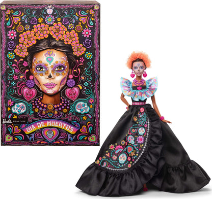 Barbie Signature, 2024 Día De Muertos Verzamelobject in Zwarte Jurk met Blauw Topje met Ruches, Geborduurde Opdruk en Kleurige Accessoires, HRM72