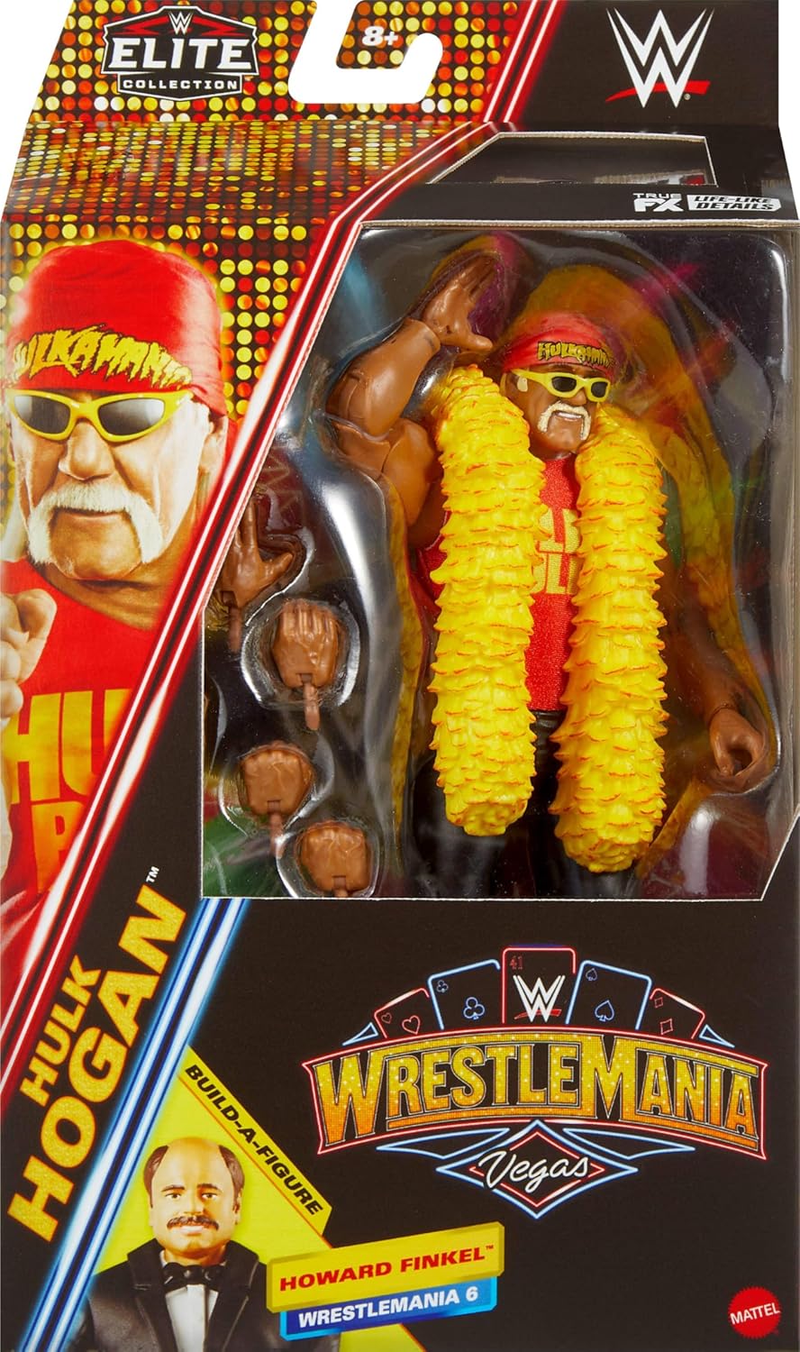 WWE Mattel Elite Collection Action Figure & Accessories, Premium Live Event Hulk Hogan Set, Wrestlemania with Howard Finkel Build-A-Figure Parts