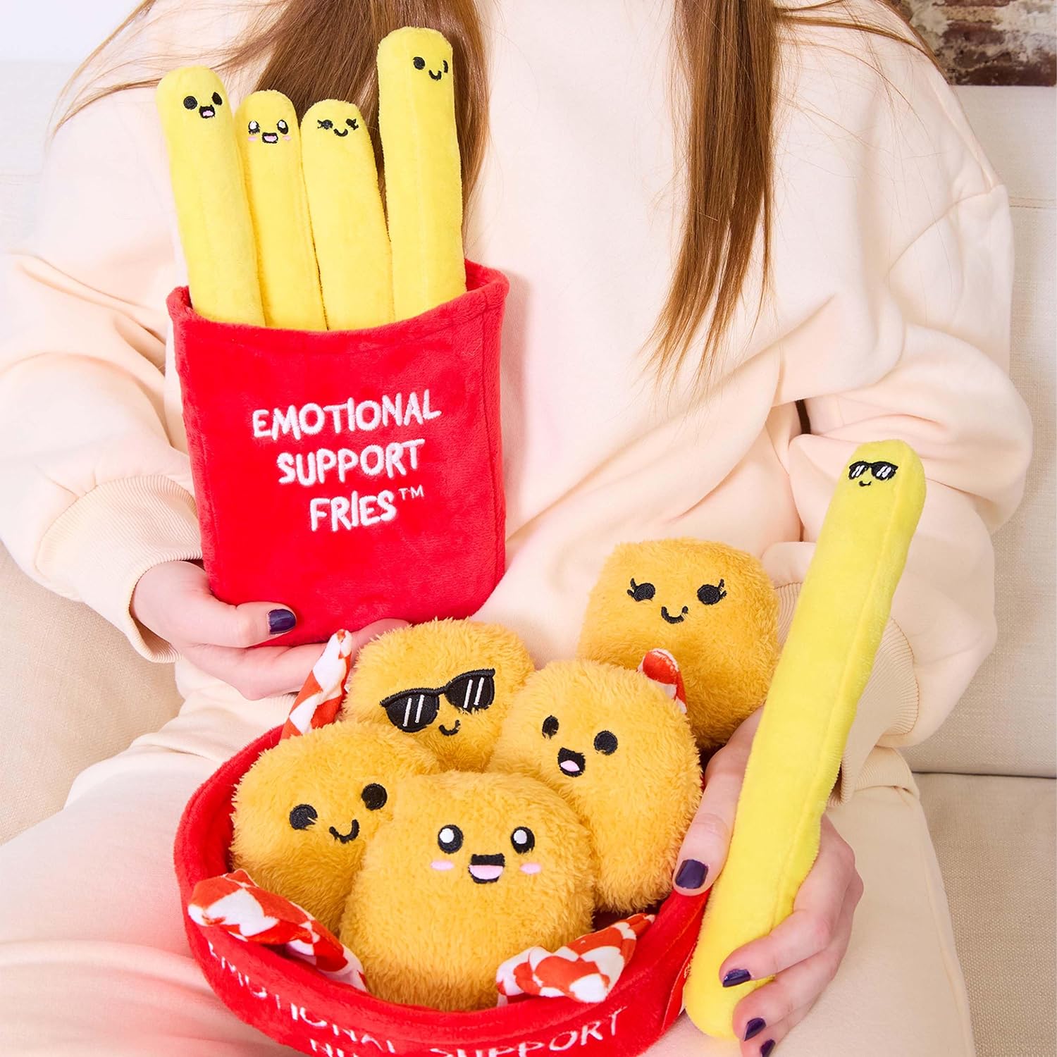 Relatable, peluche e peluche a forma di crocchette di pollo con supporto emotivo, ottima idea regalo per persone care di tutte le età, include 5 peluche con cestino per il trasporto