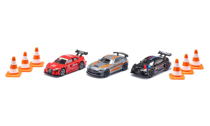 siku 6331, Race Gift Set, Mercedes-AMG GT4, Audi RS 5 Racing and BMW M4, Incl. 6 pylons, Toy Cars, Metal/Plastic, Multicolour, With sports rims and rear wings