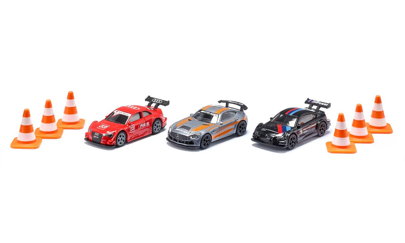 siku 6331, Race Gift Set, Mercedes-AMG GT4, Audi RS 5 Racing and BMW M4, Incl. 6 pylons, Toy Cars, Metal/Plastic, Multicolour, With sports rims and rear wings