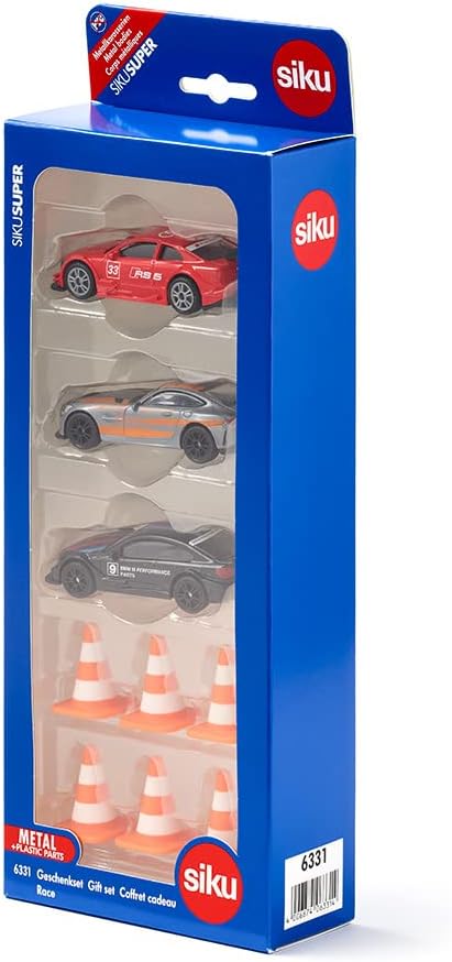 siku 6331, Race Gift Set, Mercedes-AMG GT4, Audi RS 5 Racing and BMW M4, Incl. 6 pylons, Toy Cars, Metal/Plastic, Multicolour, With sports rims and rear wings