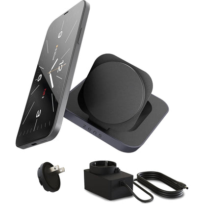 Zens Magnetic Nightstand Wireless Charger for iPhone 12 & Up - Magsafe and Apple Fast Charge compatible,15W Fast charging, Portrait/Landscape Stand, 20W Adapter, EU/UK/US Plugs, 3-Year Warranty, Black