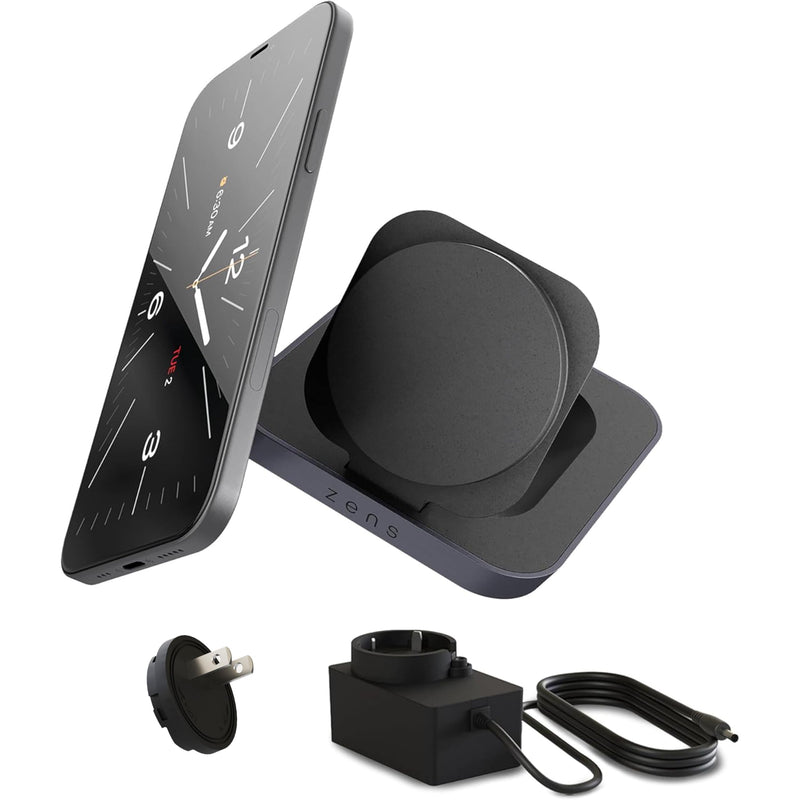 Zens Magnetic Nightstand Wireless Charger for iPhone 12 & Up - Magsafe and Apple Fast Charge compatible,15W Fast charging, Portrait/Landscape Stand, 20W Adapter, EU/UK/US Plugs, 3-Year Warranty, Black
