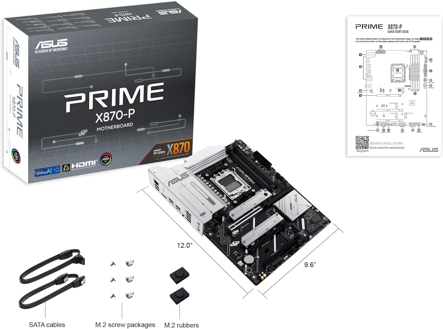 ASUS PRIME X870-P AMD ATX motherboard, 14-2-1(80A) power stages, PCIe 5.0 x16 slot with full support for next-gen graphics cards, four M.2 slots, DDR5 slots, PCIe Slot Q-Release AMD AM5 X870