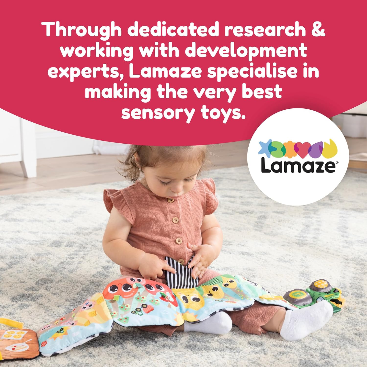 Lamaze John Deere Farm to Table Journey | Soft Fold Out Baby Book with Colourful and Black and White Panels, Crinkle Sounds, Squeaker, Ribbons, Teether | Sensory Toys for Babies from 6+ Months