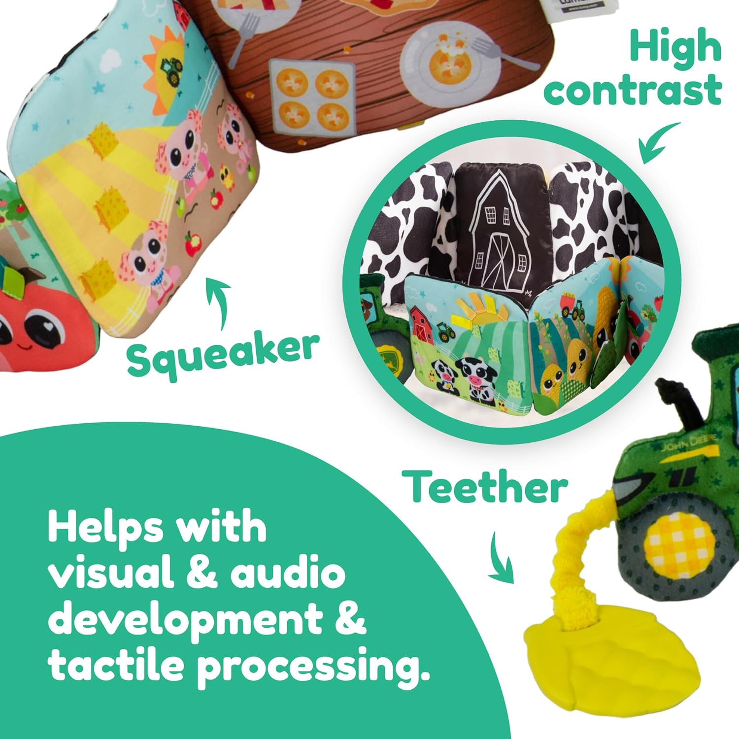 Lamaze John Deere Farm to Table Journey | Soft Fold Out Baby Book with Colourful and Black and White Panels, Crinkle Sounds, Squeaker, Ribbons, Teether | Sensory Toys for Babies from 6+ Months