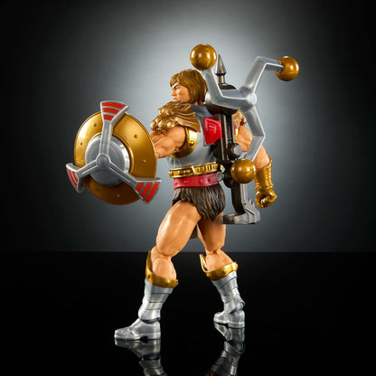 Masters of the Universe Masterverse 7-Inch Action Figure, New Eternia Flying Fists He-Man MOTU Toy, Spinning Weapon & Shield, 30 Articulations, JBP75
