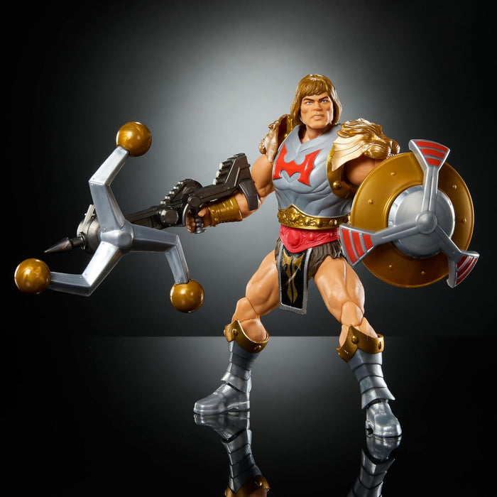 Masters of the Universe Masterverse 7-Inch Action Figure, New Eternia Flying Fists He-Man MOTU Toy, Spinning Weapon & Shield, 30 Articulations, JBP75