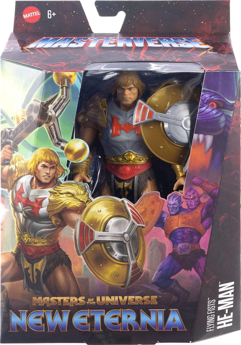 Masters of the Universe Masterverse 7-Inch Action Figure, New Eternia Flying Fists He-Man MOTU Toy, Spinning Weapon & Shield, 30 Articulations, JBP75