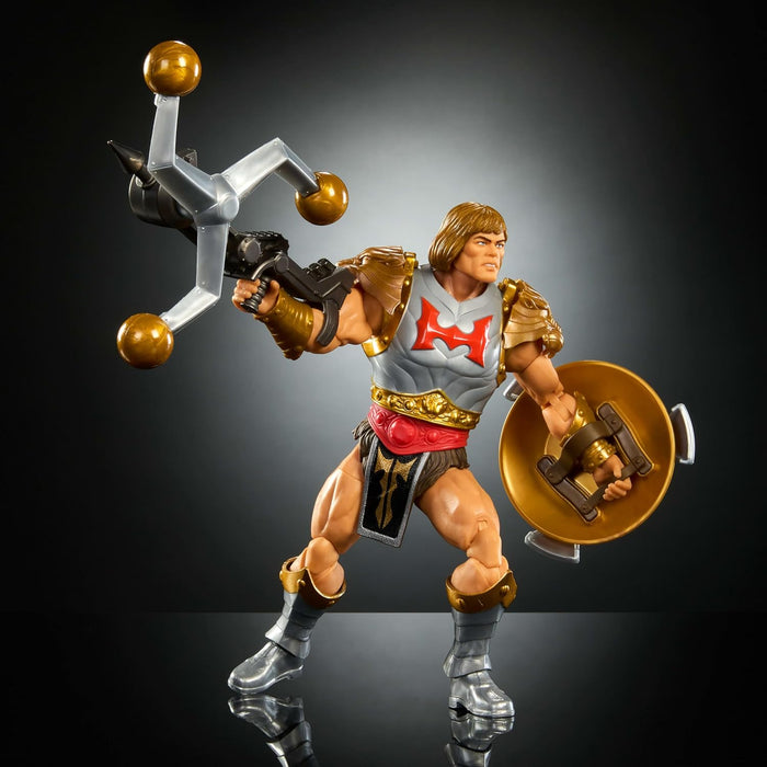 Masters of the Universe Masterverse 7-Inch Action Figure, New Eternia Flying Fists He-Man MOTU Toy, Spinning Weapon & Shield, 30 Articulations, JBP75