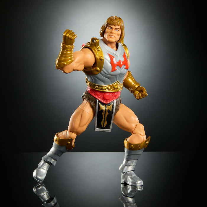 Masters of the Universe Masterverse 7-Inch Action Figure, New Eternia Flying Fists He-Man MOTU Toy, Spinning Weapon & Shield, 30 Articulations, JBP75