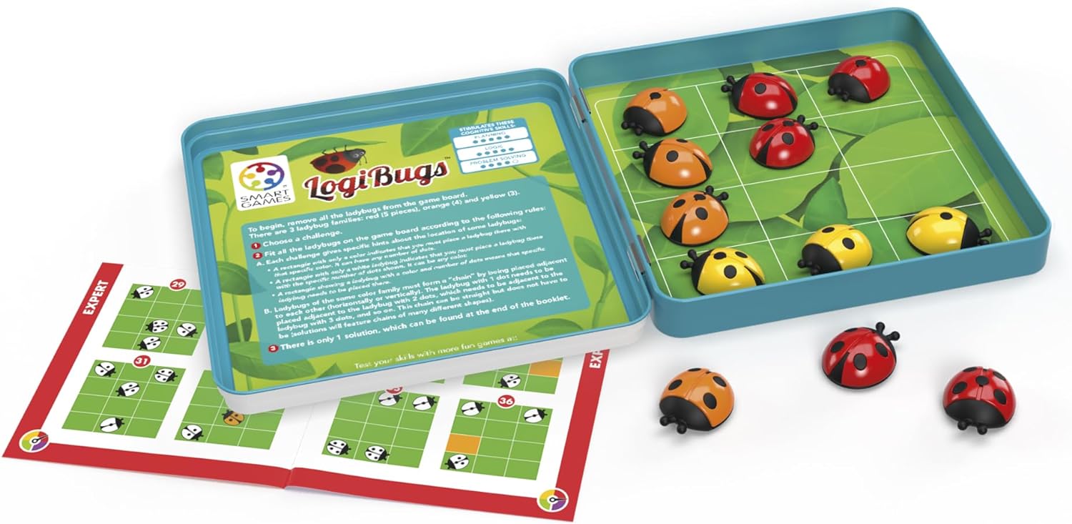 SmartGames - Logibugs, Magnetic Puzzle Game in Tin with 48 Challenges, Ages 6+, Red, Orange, Yellow