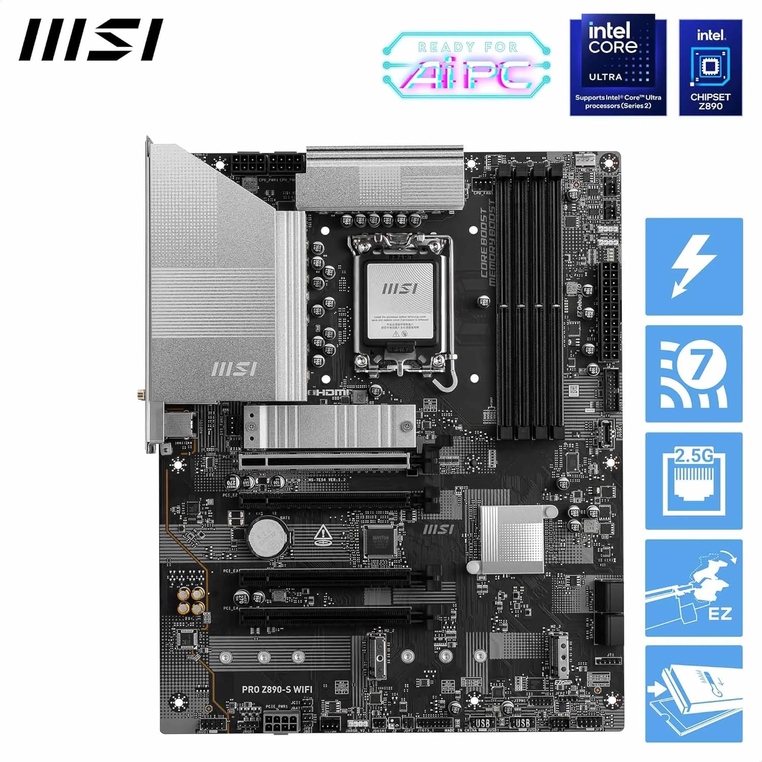 MSI PRO Z890-S WIFI Motherboard, ATX - Supports Intel Core Ultra Processors (Series 2), LGA 1851 - DDR5 Memory Boost (8600+ MT/s OC), PCIe 5.0 x16 & 4.0 x16, M.2 Gen5, Wi-Fi 7, 2.5G LAN