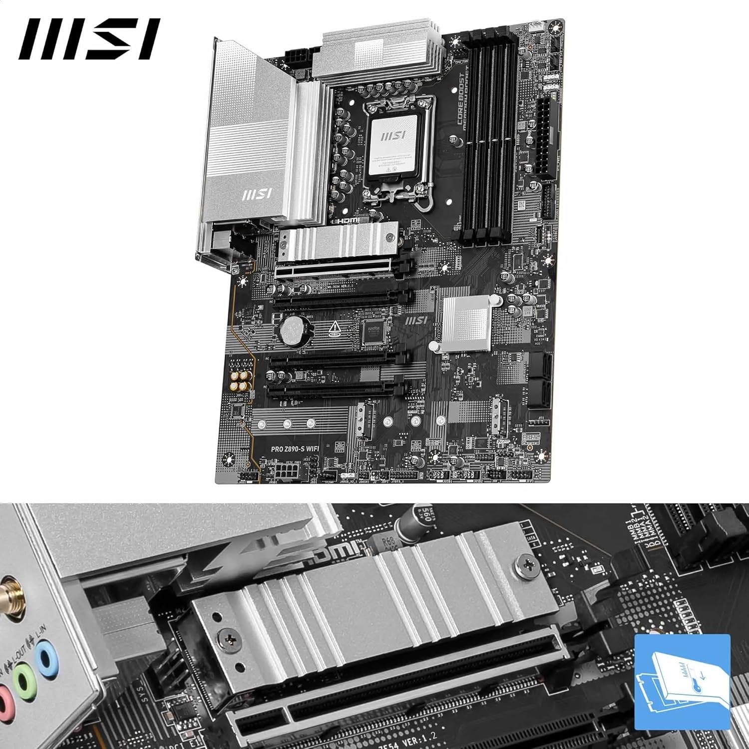 MSI PRO Z890-S WIFI Motherboard, ATX - Supports Intel Core Ultra Processors (Series 2), LGA 1851 - DDR5 Memory Boost (8600+ MT/s OC), PCIe 5.0 x16 & 4.0 x16, M.2 Gen5, Wi-Fi 7, 2.5G LAN