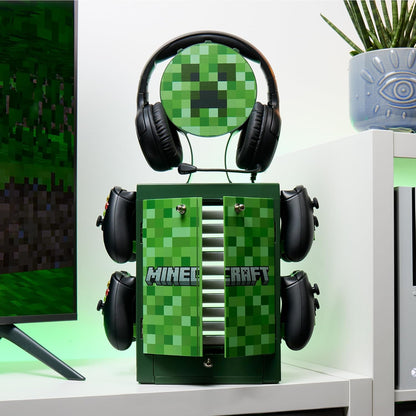 Numskull Casier de rangement gaming officiel Minecraft – Support pour 10 jeux/DVD, 4 manettes, casque et accessoires – Organiseur compact et résistant – Produit officiel