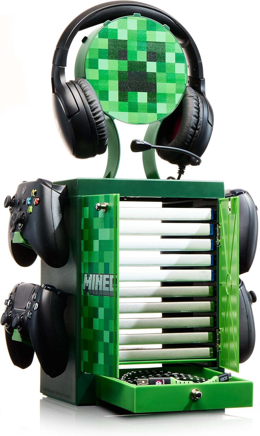 Numskull Casier de rangement gaming officiel Minecraft – Support pour 10 jeux/DVD, 4 manettes, casque et accessoires – Organiseur compact et résistant – Produit officiel