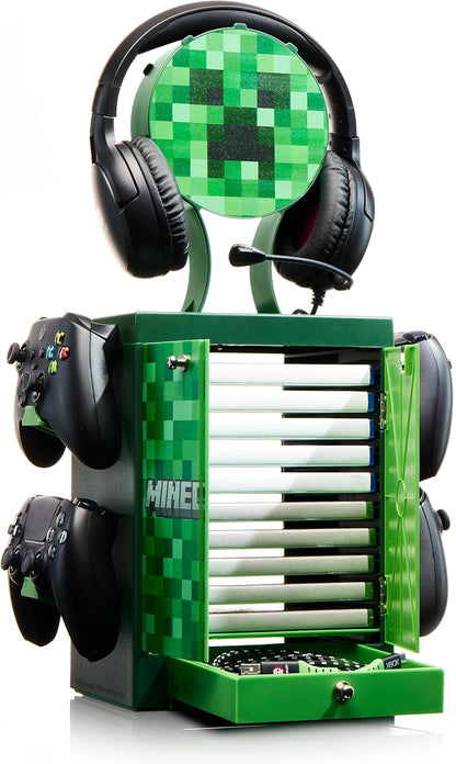 Numskull Casier de rangement gaming officiel Minecraft – Support pour 10 jeux/DVD, 4 manettes, casque et accessoires – Organiseur compact et résistant – Produit officiel
